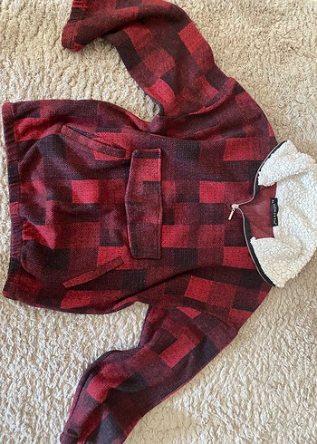 m Beden Bordo Ekose Desenli Kürklü Sweatshirt