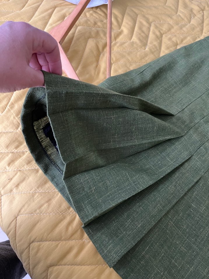 Zeytin yağı rengi Keten Pilili Midi Kadın Etek - Görsel 2