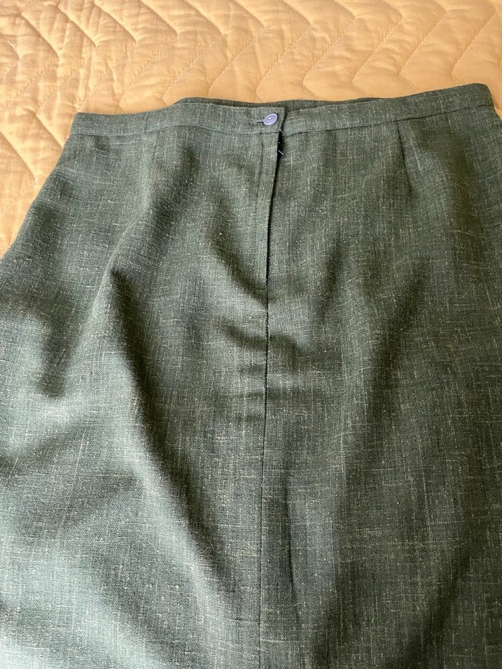 Zeytin yağı rengi Keten Pilili Midi Kadın Etek - Görsel 3