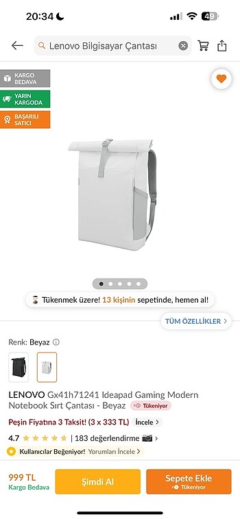 LENOVO LAPTOP VE KAMP ÇANTASI