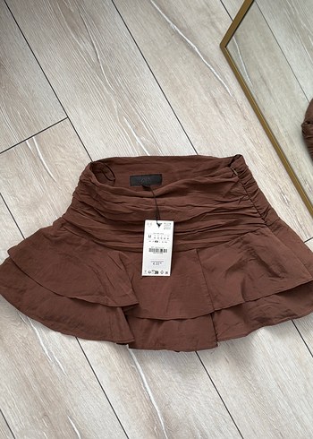 Zara Büzgülü Kahverengi Mini Etek