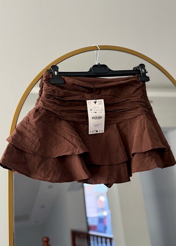 Büzgülü Kahverengi Mini Etek