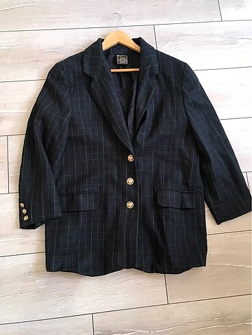 Lacivert ekoseli vintage oversize kalın blazer ceket