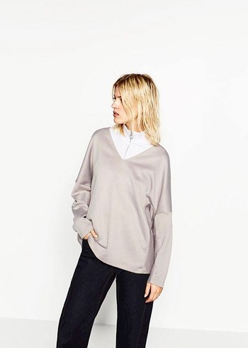 Zara Gri V Yakalı Kadın Keten Sweatshirt