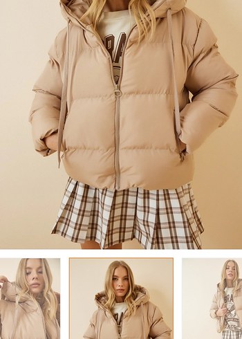 Bej Mini Şişme Kadın Mont