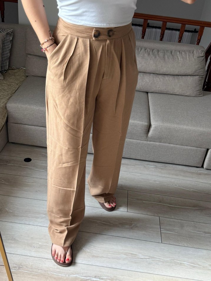 Bej Pilili Kadın Kumaş Pantolon - Görsel 2