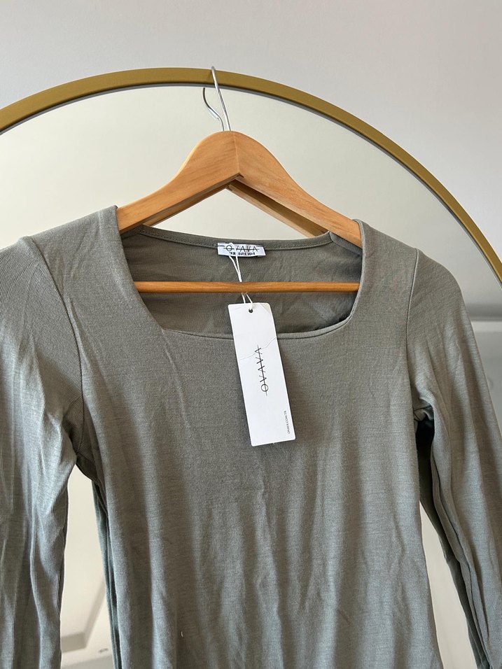 Kadın Haki Kare Yaka Uzun Kollu Bluz - Görsel 3