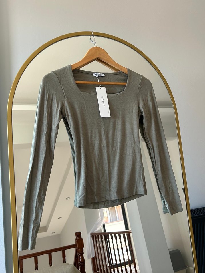 Kadın Haki Kare Yaka Uzun Kollu Bluz - Görsel 2