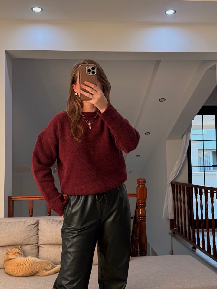 Bordo Kadın Uzun Kollu Triko Kazak - Görsel 2