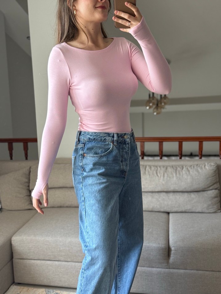 Pembe Uzun Kollu Basic Kadın Bluz - Görsel 2