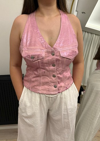 Düğmeli Pembe Straplez Denim Yelek
