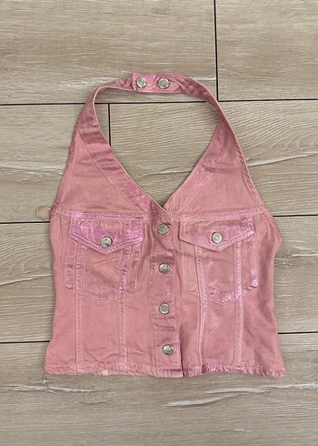 s Beden pembe Renk Düğmeli Pembe Straplez Denim Yelek