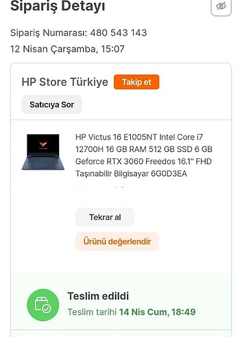 HP victus i7 12.nesil 3060 (6GB) ekran kartı 