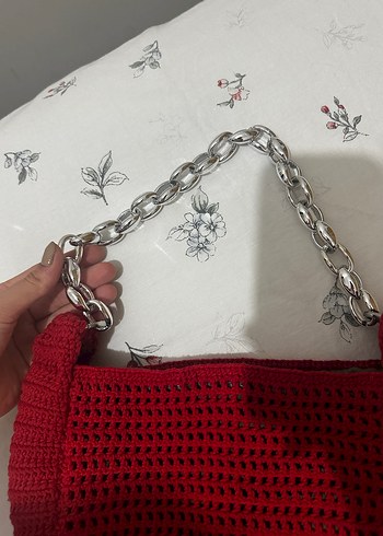 Kırmızı Zincir Detaylı Triko Kadın Çanta - Görsel 2