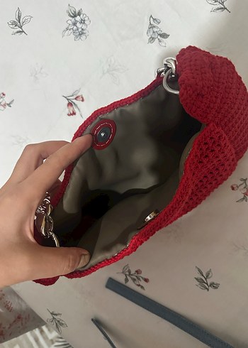 Kırmızı Zincir Detaylı Triko Kadın Çanta - Görsel 3