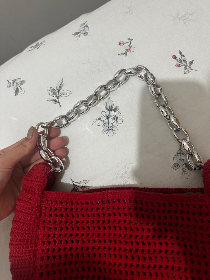 Kırmızı Zincir Detaylı Triko Kadın Çanta - Görsel 2