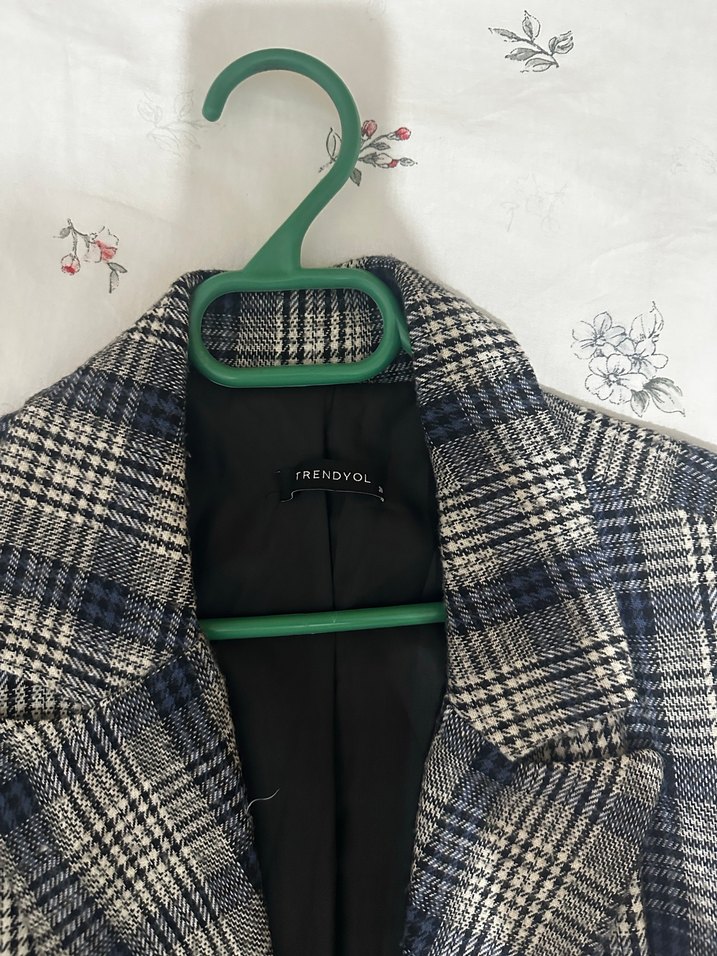 Ekose Desenli Gri Kadın Blazer Ceket - Görsel 4