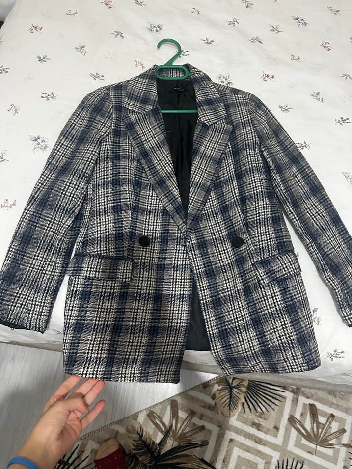 Ekose Desenli Gri Kadın Blazer Ceket - Görsel 3