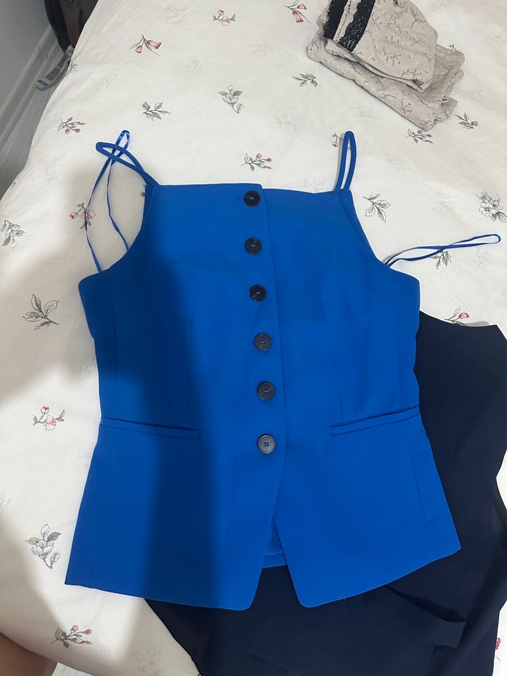 MANGO Düğmeli Halter Yaka Mavi Yelek - Görsel 3