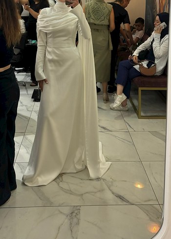 Beyaz Uzun Drapeli Özel gün elbise - Görsel 5