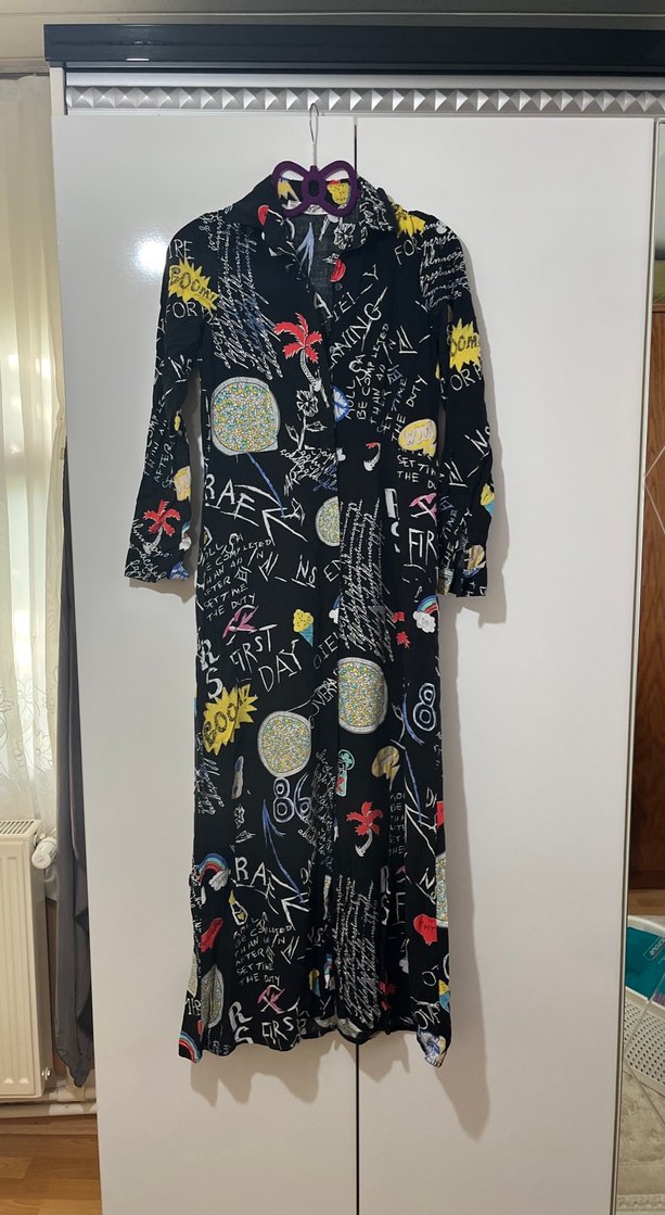 Desenli Uzun Kollu Gömlek Elbise - Görsel 2