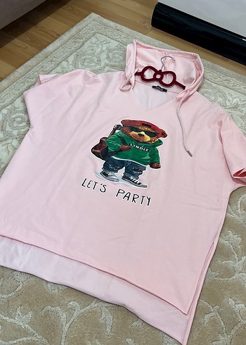 Kapüşonlu Pembe Baskılı Tişört - Görsel 2
