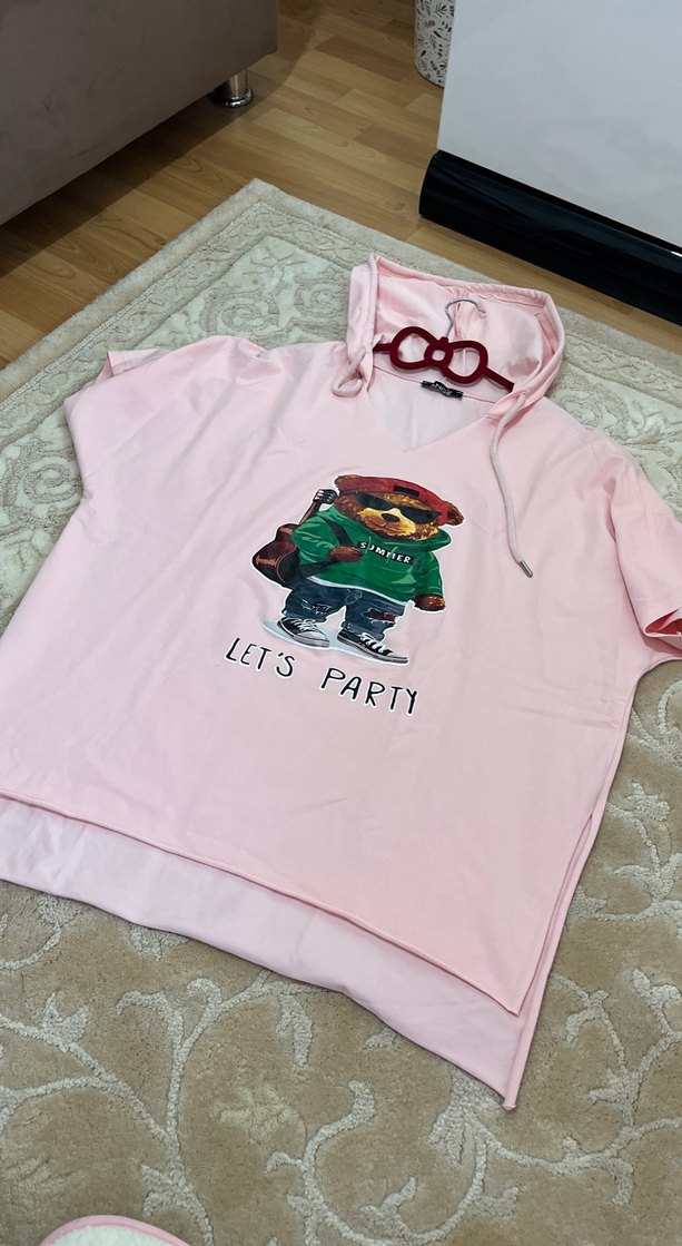 Kapüşonlu Pembe Baskılı Tişört - Görsel 2