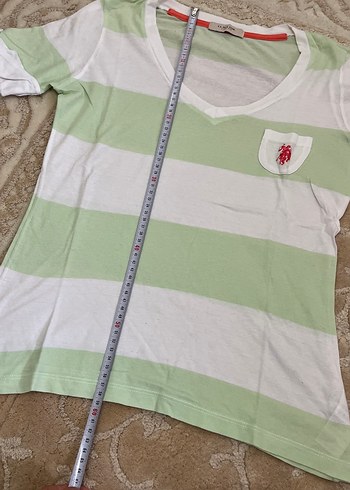 V Yaka Yeşil Beyaz Çizgili Kadın Tişört - Görsel 2