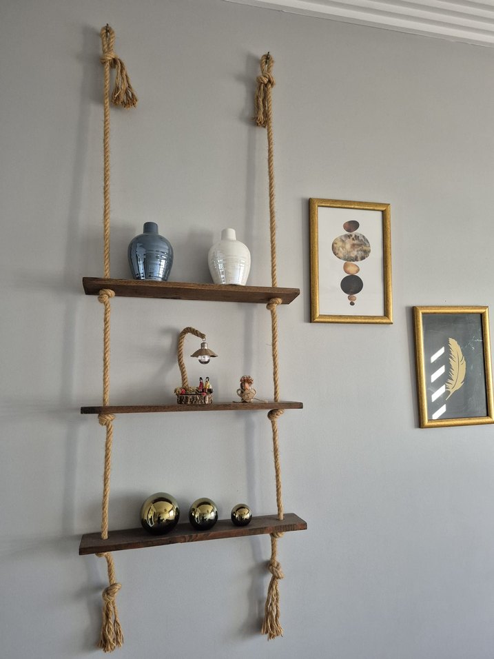 Üç Katlı Halatlı Ahşap Raf - Görsel 3