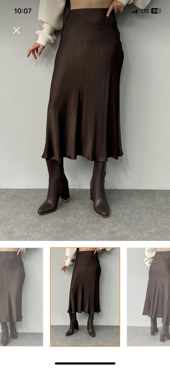 Drapeli Kahverengi saten Uzun Etek - Görsel 2
