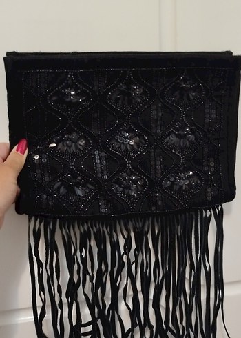 Primark Püsküllü Siyah Nakışlı Süet Çanta