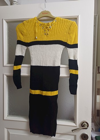 Çizgili Renkli Uzun Triko Kadın Elbise - Görsel 2