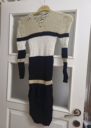 Çizgili Renkli Uzun Triko Kadın Elbise - Görsel 4