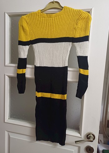 Çizgili Renkli Uzun Triko Kadın Elbise - Görsel 3