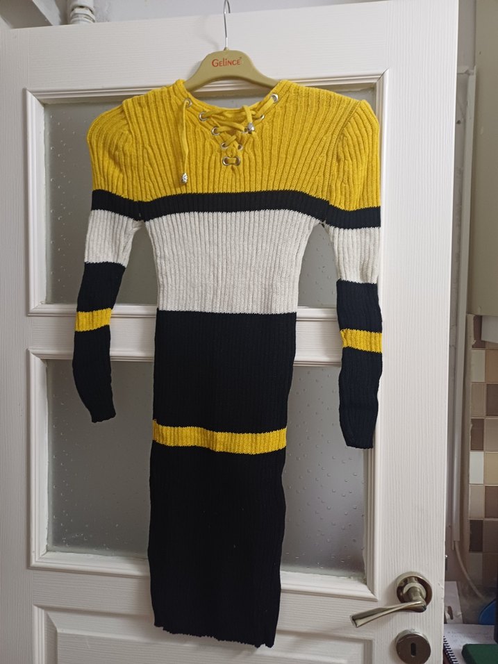 Çizgili Renkli Uzun Triko Kadın Elbise - Görsel 2