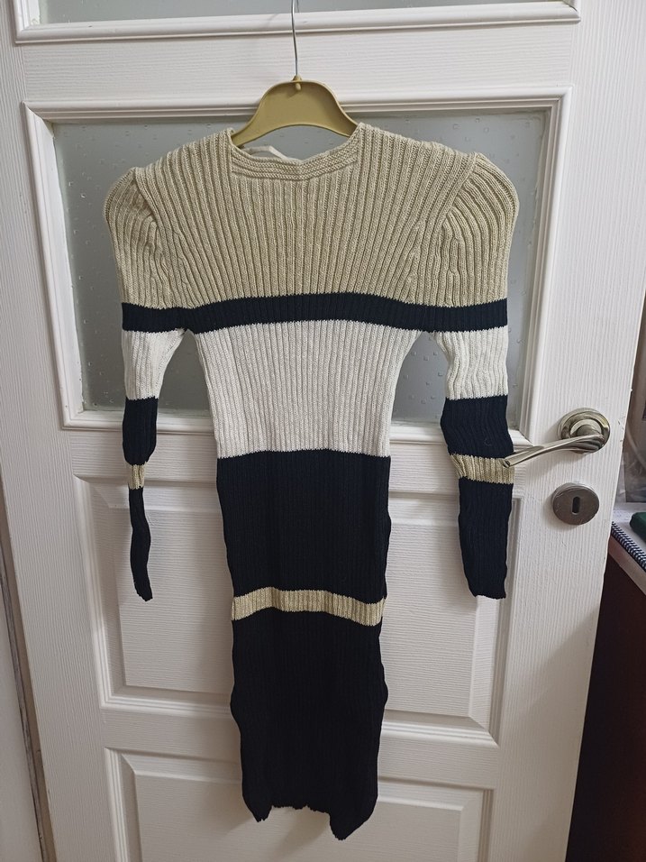 Çizgili Renkli Uzun Triko Kadın Elbise - Görsel 5