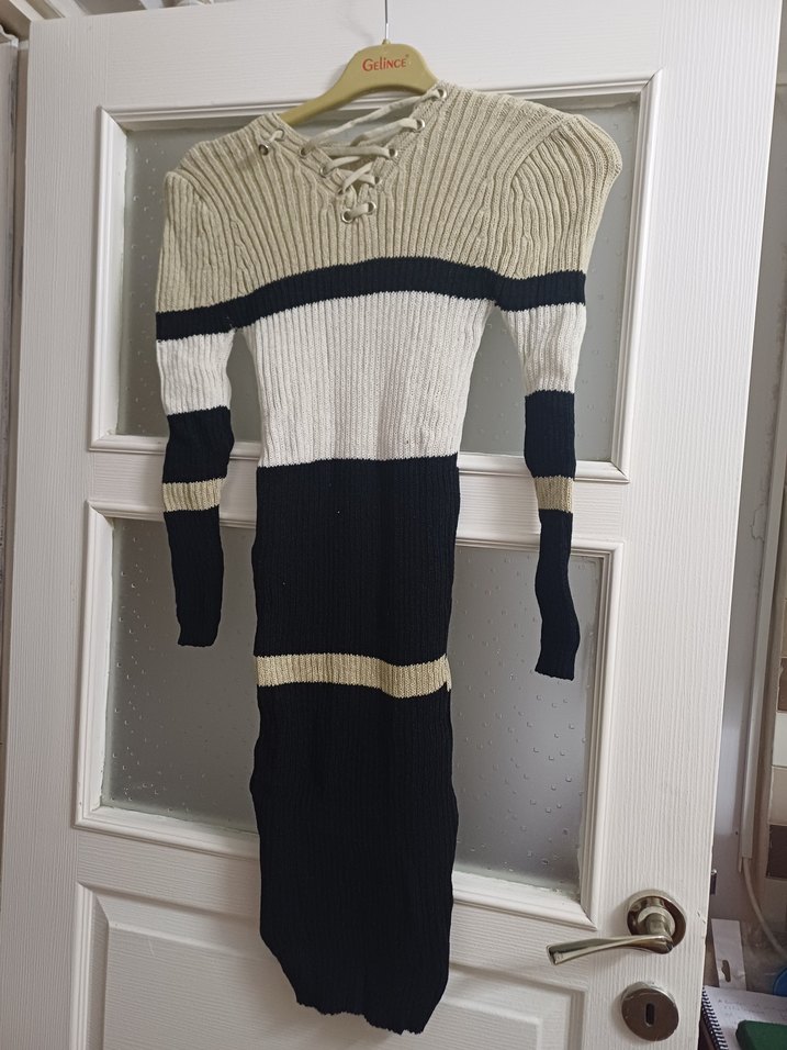 Çizgili Renkli Uzun Triko Kadın Elbise - Görsel 4