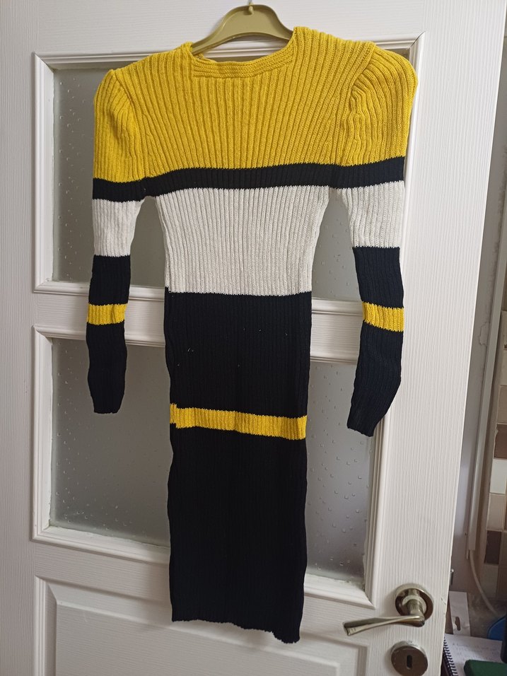 Çizgili Renkli Uzun Triko Kadın Elbise - Görsel 3