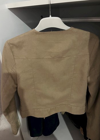 Bej Süet Mini Fermuarlı Kadın Ceket - Görsel 5