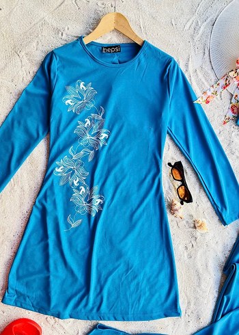 Uzun Kollu Mavi Nakışlı Plaj Takımı Mayo - Görsel 2