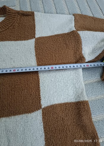 Kahverengi Beyaz Kareli Triko Kadın Kazak - Görsel 4