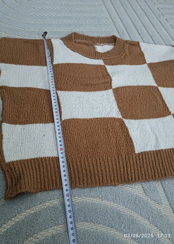 Kahverengi Beyaz Kareli Triko Kadın Kazak - Görsel 3