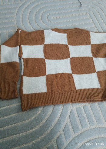Kahverengi Beyaz Kareli Triko Kadın Kazak - Görsel 2