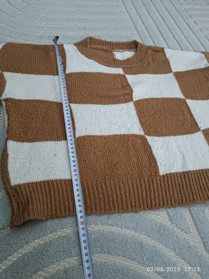 Kahverengi Beyaz Kareli Triko Kadın Kazak - Görsel 3
