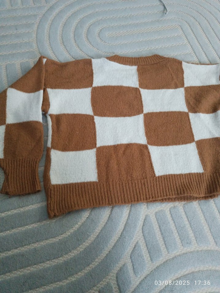 Kahverengi Beyaz Kareli Triko Kadın Kazak - Görsel 2