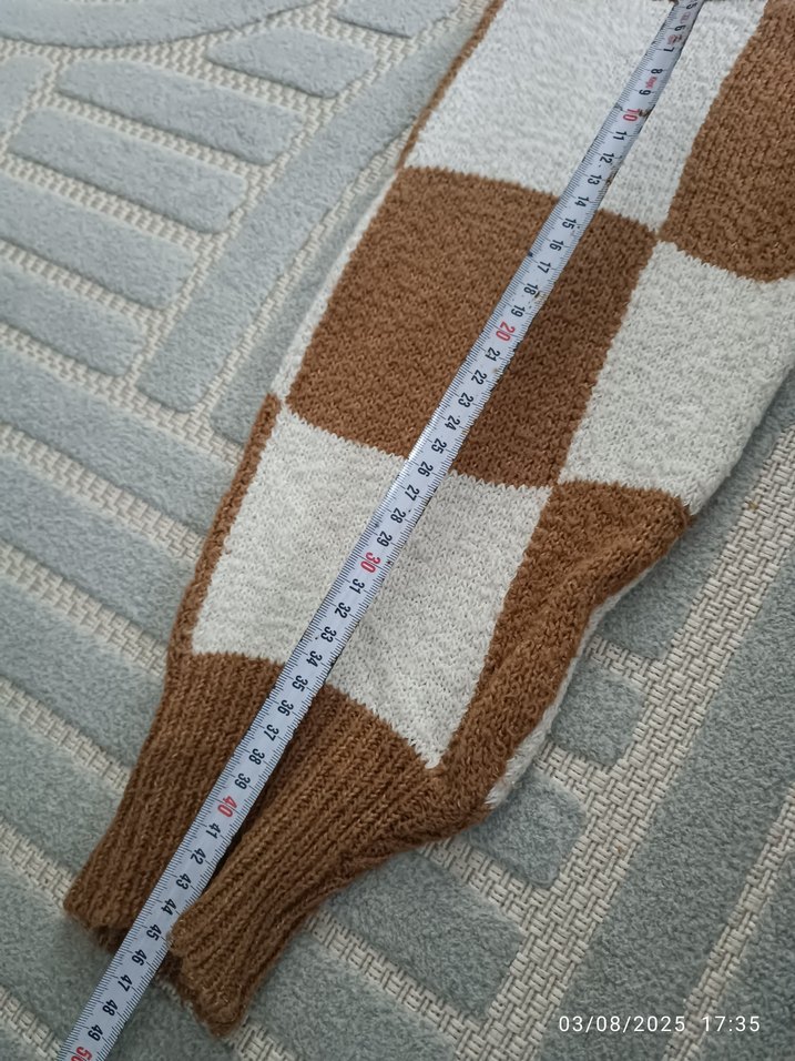 Kahverengi Beyaz Kareli Triko Kadın Kazak - Görsel 5