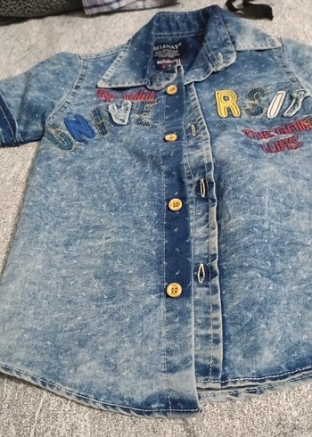 24-36 Ay Beden Erkek Çocuk Nakışlı Mavi Denim Gömlek