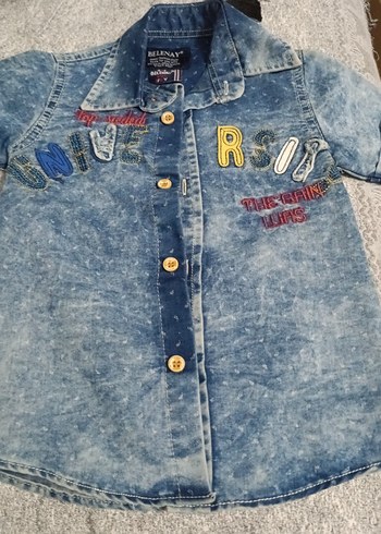 Erkek Çocuk Nakışlı Mavi Denim Gömlek