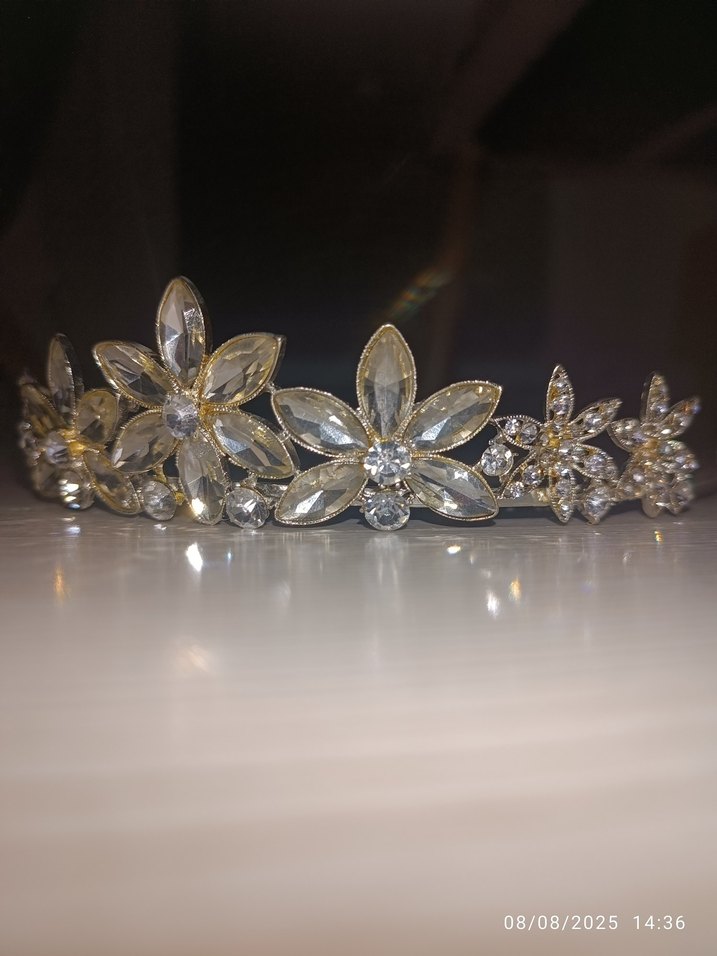 Gümüş renkli taşlı Çiçekli Gelin Tacı - Görsel 2