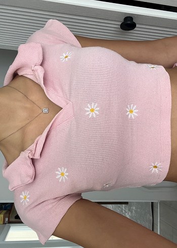 s Beden pembe Renk Pembe Kısa Kollu Çiçekli Crop